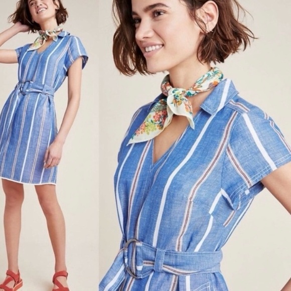 Anthropologie Dresses & Skirts - Anthropologie Pilcro Blue Striped Collared Linen Cotton Dress size 12